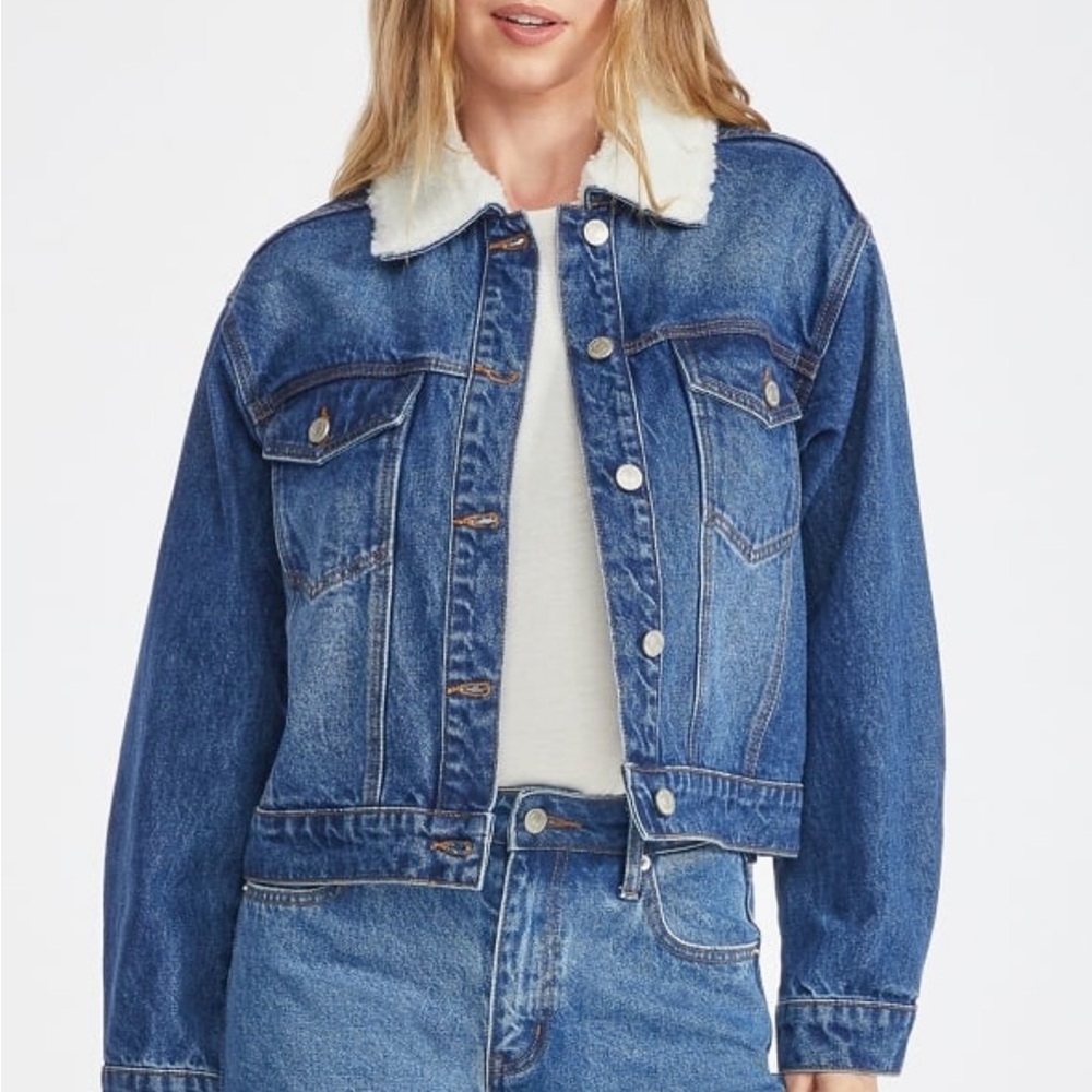 JustFab Blue Denim Jacket with White Collar
